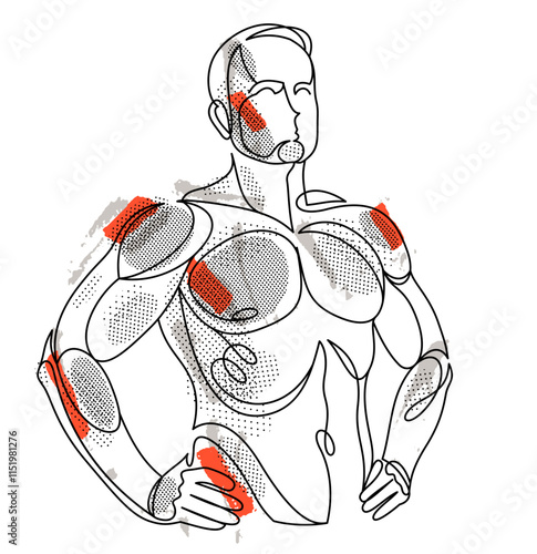 Linear drawing of a perfect body fit model man posing vector illustration isolated, muscular macho sexy guy with naked torso topless.