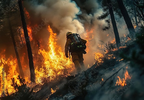 Fototapeta Naklejka Na Ścianę i Meble -  A firefighter fighting a forest fire in the woods