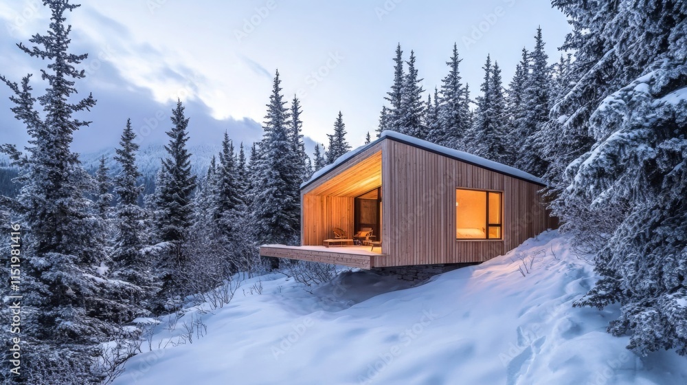 Stunning Modern Wooden Cabin in a Snowy Forest Landscape Stunning Modern Wooden Cabin in a Snowy Forest Landscape