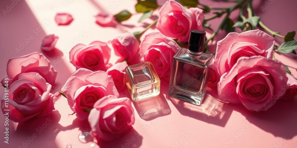 Delicate pink roses bloom around a glass bottle of perfume, casting soft shadows on a light pink background. Delicate pink roses bloom around a glass bottle of perfume, casting soft shadows on a light pink background.