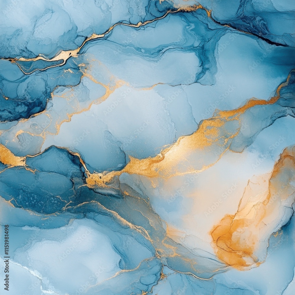 Fototapeta premium An abstract watercolor alcohol ink art featuring blue and golden hues with a pastel blue marble effect on a transparent background.