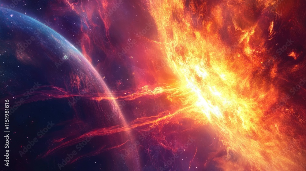 Fototapeta premium A dramatic solar flare extending from the sun's surface, with vibrant streams of plasma reaching toward Earth in space.
