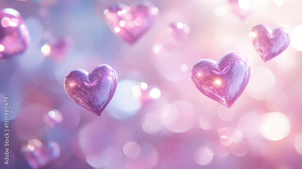 A dreamy romantic setting featuring glowing hearts floating amidst soft pink and purple hues in the air. A dreamy romantic setting featuring glowing hearts floating amidst soft pink and purple hues in the air.