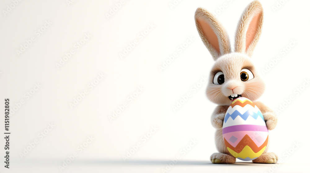Fototapeta premium Cute Easter bunny holding colorful decorated egg on white background, 3D rendered cartoon character perfect for spring holiday designs