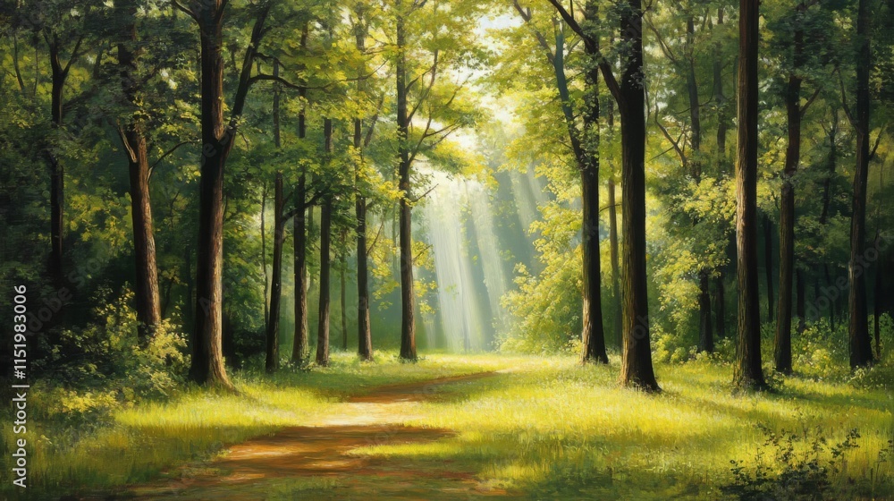 Obraz premium Sunlit Forest Pathway: A Peaceful Nature Scene