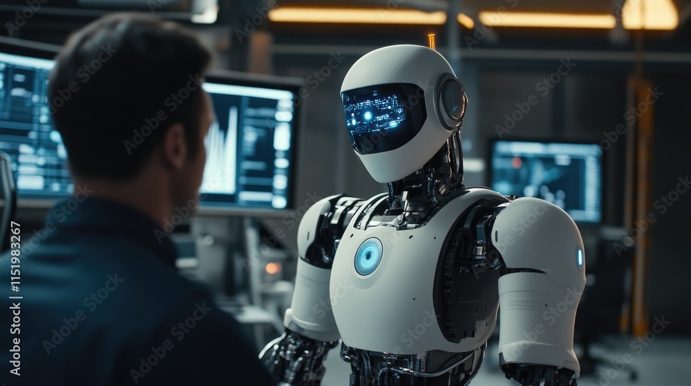 A humanoid robot interacts with a person in a high-tech lab setting. A humanoid robot interacts with a person in a high-tech lab setting.