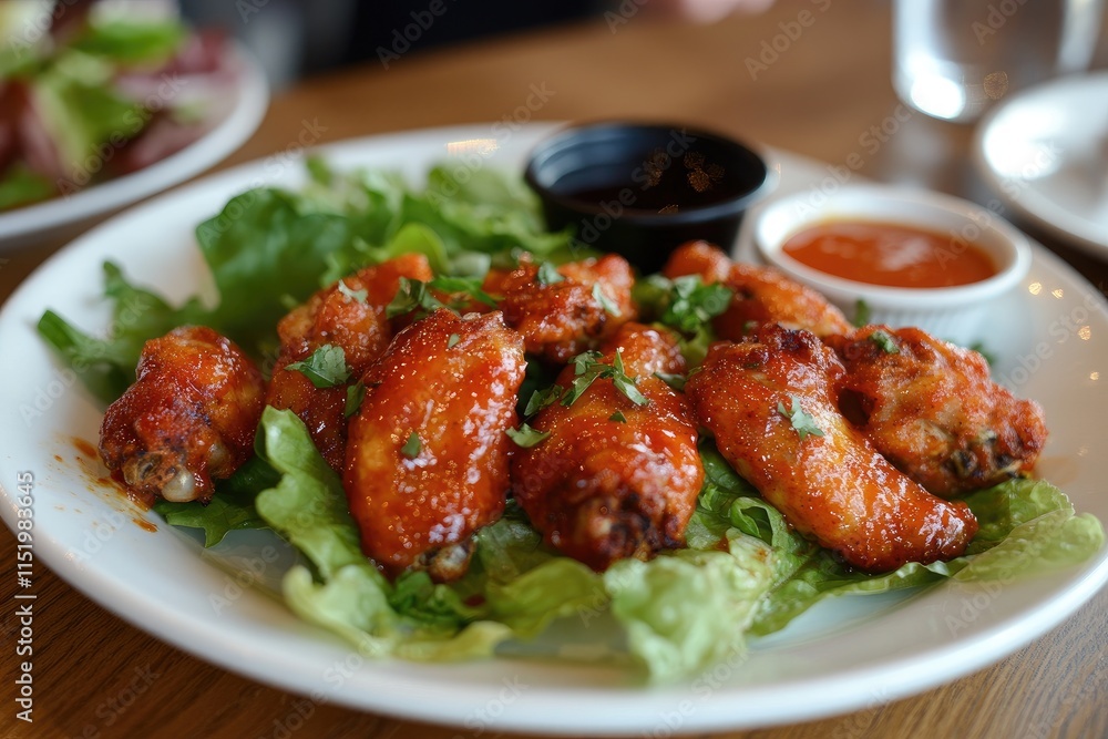 A plate of chicken wings with fresh lettuce and sauces A plate of chicken wings with fresh lettuce and sauces
