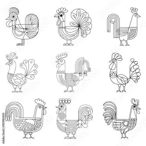 Coloring book. Cock. Black and white. Children, adults. Hand drawn. photo