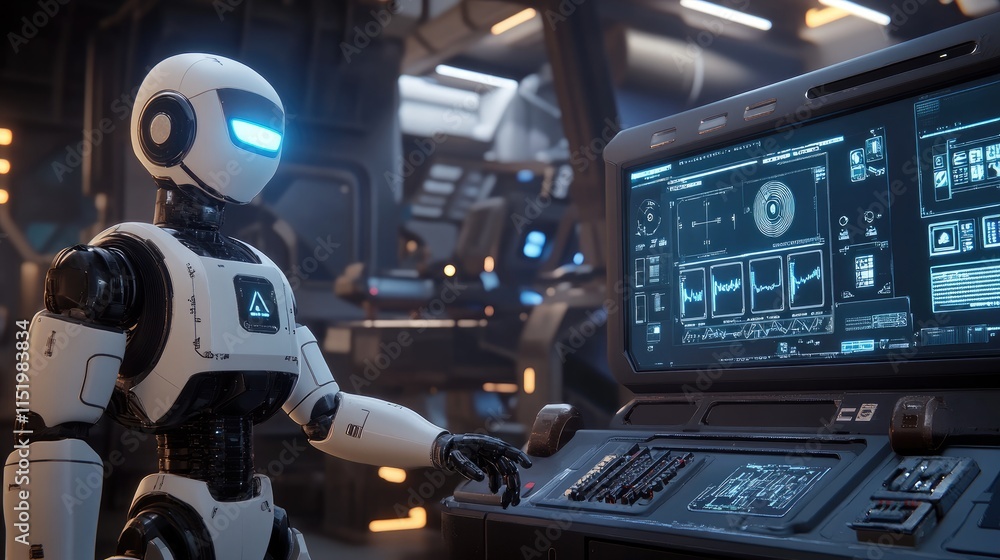A humanoid robot interacts with a control panel in a futuristic environment. A humanoid robot interacts with a control panel in a futuristic environment.