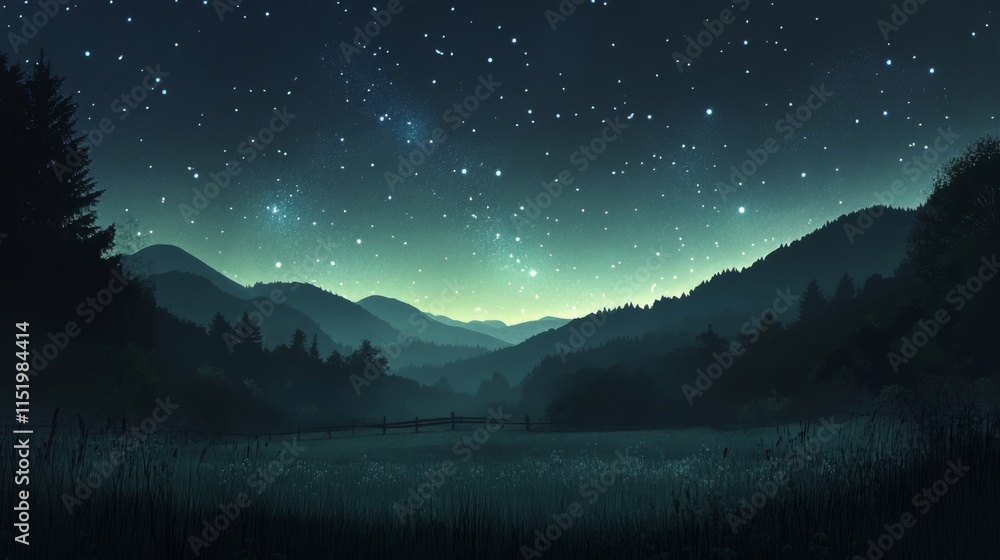 Fototapeta premium Starry Night Mountain Landscape: Serene Evening Scene
