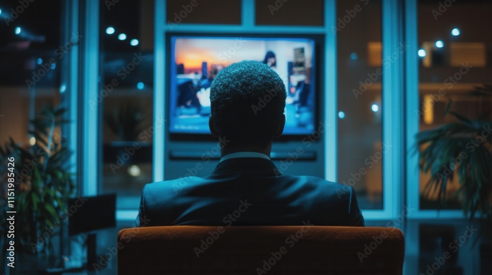 Naklejka premium Person anxiously observing news report on television regarding company bankruptcy announcement, emotions of concern and uncertainty evident