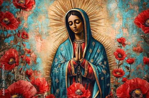 Our Lady of Guadalupe, surrounded by poppies and roses, with an intricate floral pattern in the background.