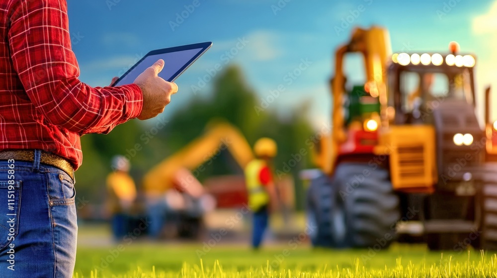 Obraz premium A worker in a checkered shirt uses a tablet on a construction site, with heavy machinery and workers visible in the background.