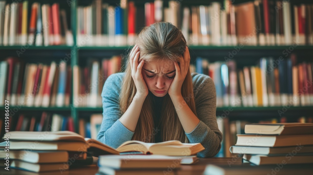 student woman have anxiety because of exams, female prepare for test and learning lessons in the library. stress, despair, haste, misunderstanding reading, discouraged, expectation, knowledge student woman have anxiety because of exams, female prepare for test and learning lessons in the library. stress, despair, haste, misunderstanding reading, discouraged, expectation, knowledge