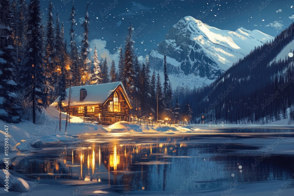 Fototapeta premium Beautiful winter scene of wooden lodge glowing on Emerald Lake and pine forest at Yoho national park, British Columbia, Canada
