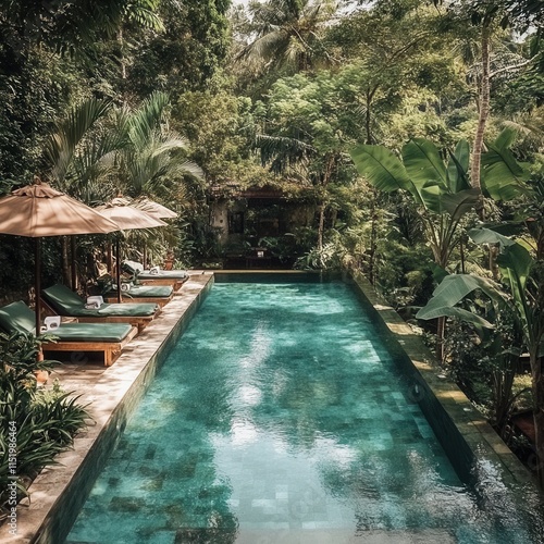 An exotic oasis in Bali featuring a serene tropical swimming pool surrounded by lush greenery and stunning Indonesian scenery. photo