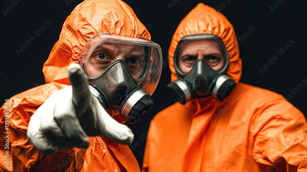 Two individuals in bright orange protective suits and masks point towards the camera, emphasizing safety and caution in hazardous environments. Two individuals in bright orange protective suits and masks point towards the camera, emphasizing safety and caution in hazardous environments.