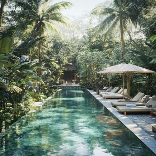 An exotic oasis in Bali featuring a serene tropical swimming pool surrounded by lush greenery and stunning Indonesian scenery. photo