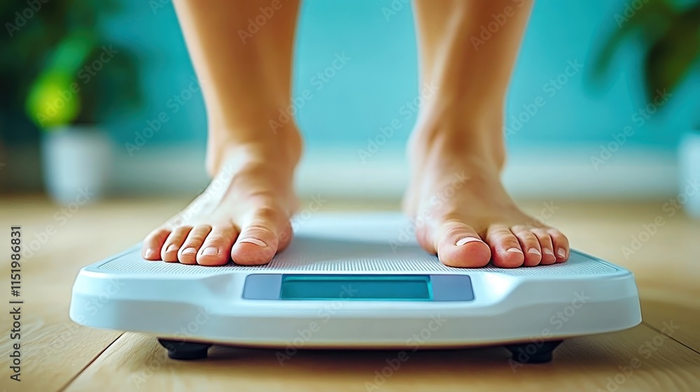 Fototapeta premium A person stands on a digital scale, measuring weight, with a focus on feet and a bright, modern background.