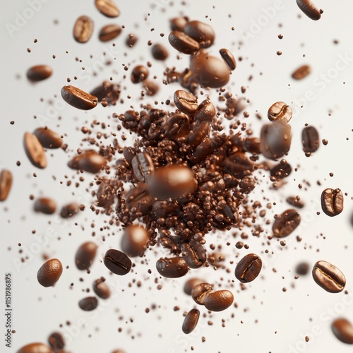 An explosion of coffee beans splashes into the air, captured in mid-flight against a transparent background. photo