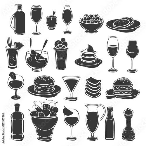 A Collection Of Black And White Food And Drink Silhouettes