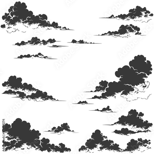 A Collection Of Black And White Hand Drawn Cloud Silhouettes