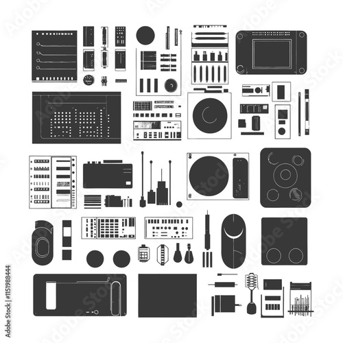 A Collection Of Black And White Illustrations Of Music Production Equipment