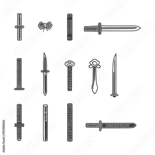 A Collection Of Black And White Line Drawings Of Different Types Of Swords