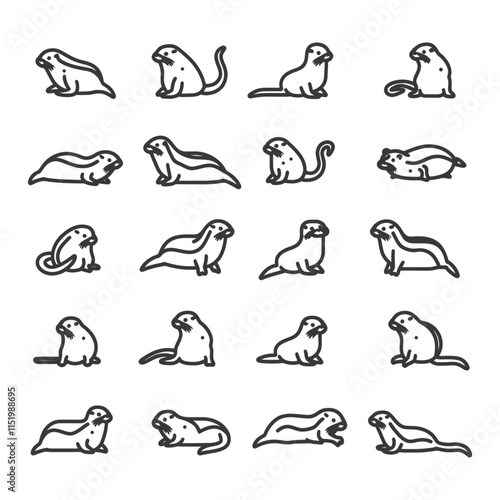 A Collection Of Black And White Line Drawings Of Otters In Different Poses