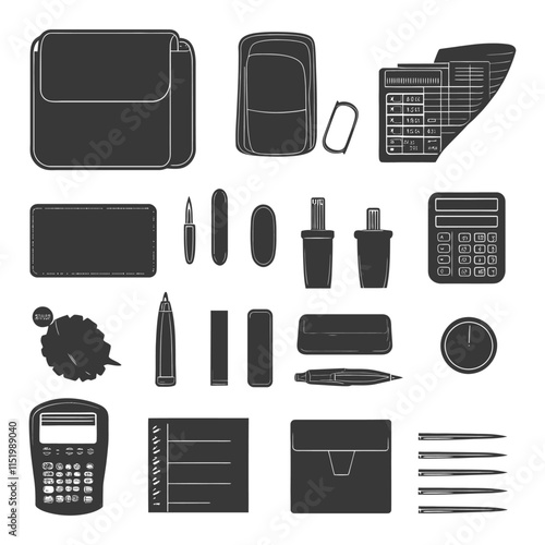 A Collection Of Black And White Office Supplies Silhouettes