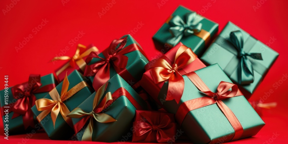 A pile of emerald and crimson gift boxes adorned with elegant satin bows, nestled amongst the vibrant red backdrop, creating a festive and celebratory tableau. A pile of emerald and crimson gift boxes adorned with elegant satin bows, nestled amongst the vibrant red backdrop, creating a festive and celebratory tableau.