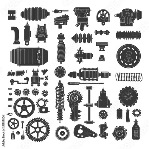 A Collection Of Black And White Silhouettes Of Car Parts