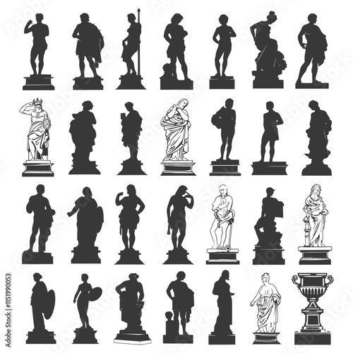 A Collection Of Black And White Silhouettes Of Classical Statues