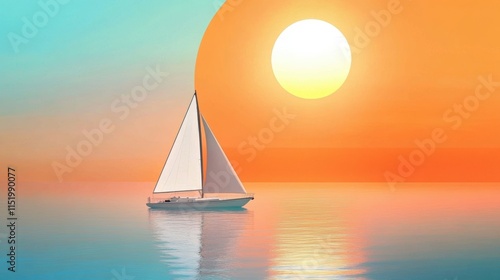 Minimalistic sailboat on calm water under a vivid gradient sunset, blending orange and blue hues with a perfectly round sun reflecting on the water's surface.
