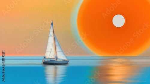 Minimalistic sailboat on calm water under a vivid gradient sunset, blending orange and blue hues with a perfectly round sun reflecting on the water's surface.