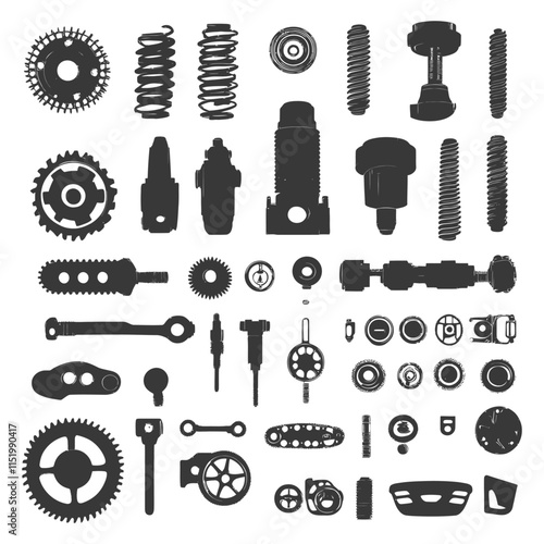 A Collection Of Black And White Silhouettes Of Various Mechanical Parts