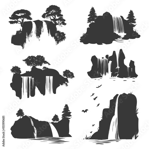 A Collection Of Black Silhouette Illustrations Depicting Various Waterfalls In Nature