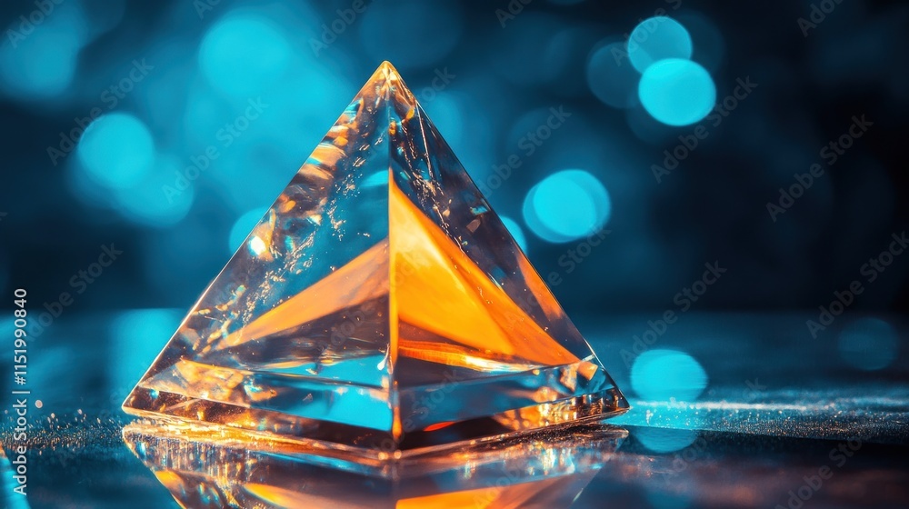 A crystal pyramid reflecting light in a blurred, colorful background. A crystal pyramid reflecting light in a blurred, colorful background.