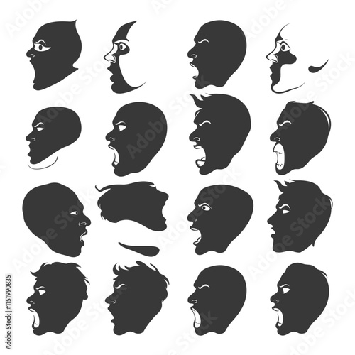 A Collection Of Black Silhouettes Of Faces With Different Expressions Depicting Anger And Yelling