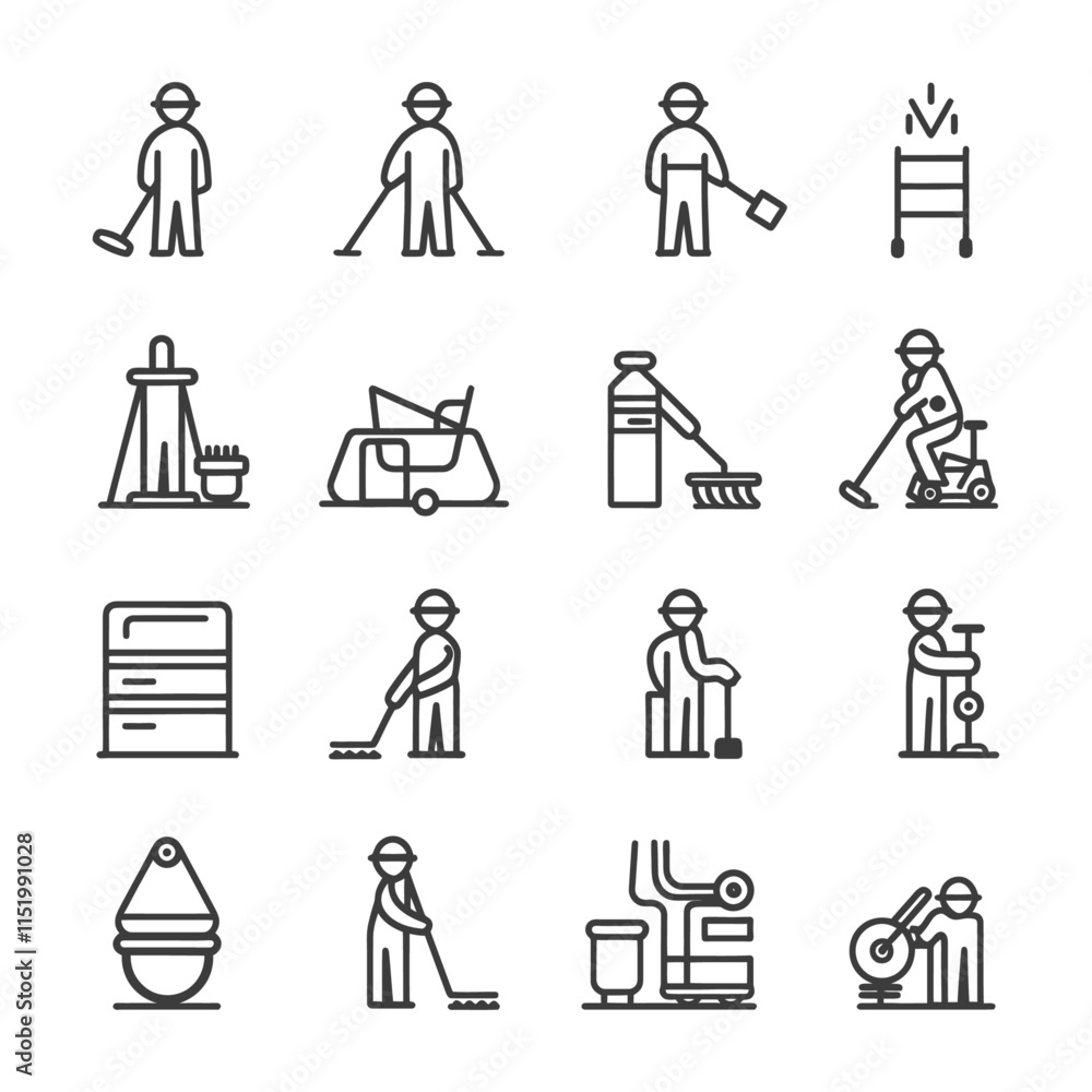 Cleaning Staff Icons With Equipment And Workers Cleaning Staff Icons With Equipment And Workers