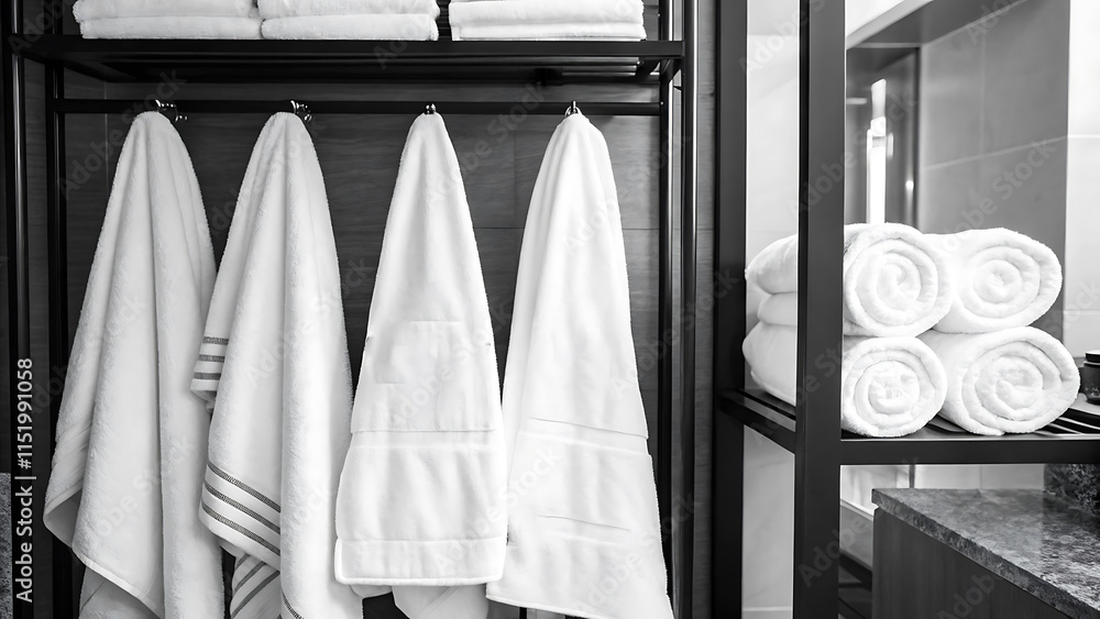Soft White Towels Hanging Neatly Luxurious Bathroom Retreat, Elegant Spa Experience Modern Towels in a Stylish Bathroom, Serene Atmosphere Fresh Towels in a Chic, Contemporary Setting. Soft White Towels Hanging Neatly Luxurious Bathroom Retreat, Elegant Spa Experience Modern Towels in a Stylish Bathroom, Serene Atmosphere Fresh Towels in a Chic, Contemporary Setting.