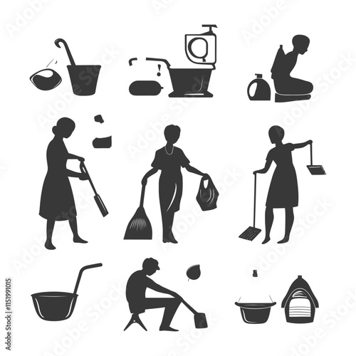 Cleaning Supplies And People Silhouettes