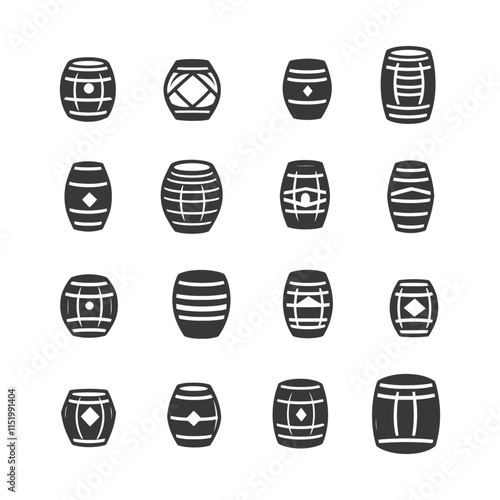 Collection Of 16 Black And White Barrel Icons