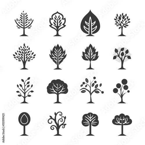 Collection Of 16 Black And White Stylized Tree Icons
