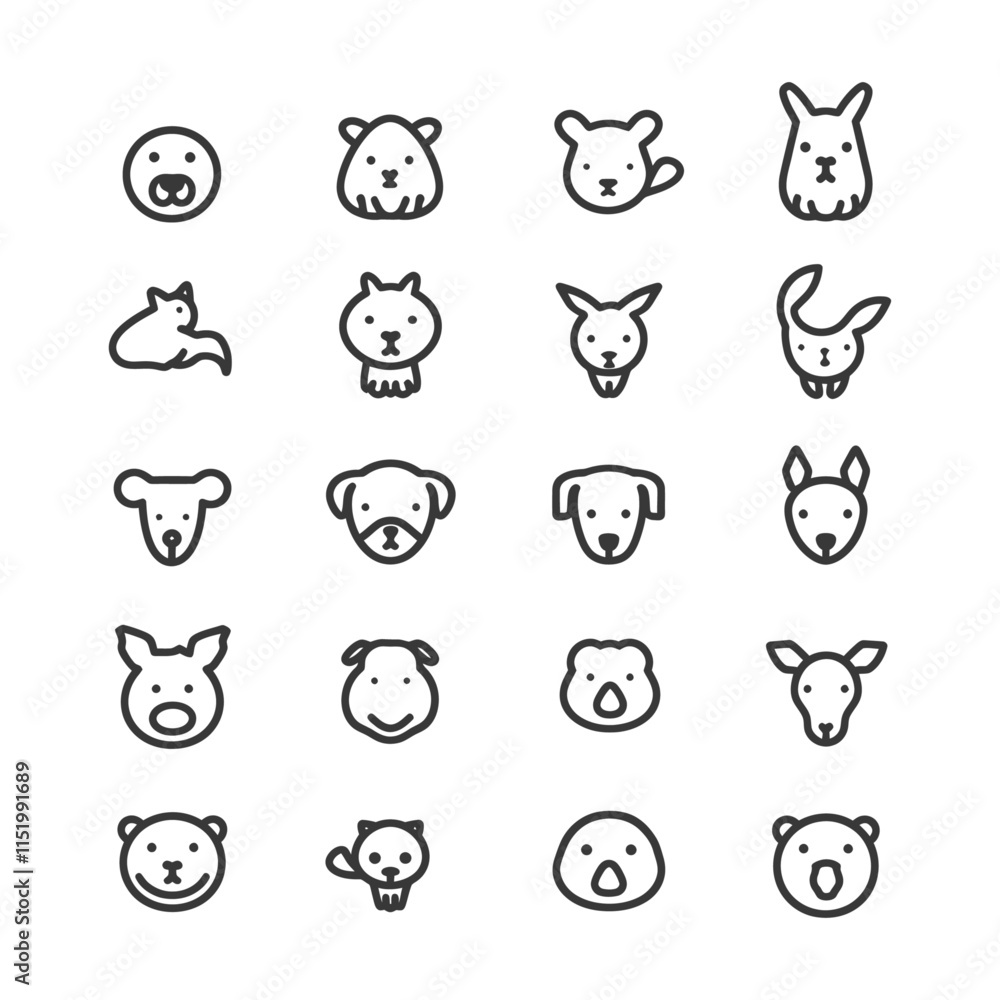 Collection Of 20 Animal Face Icons In Line Style Collection Of 20 Animal Face Icons In Line Style