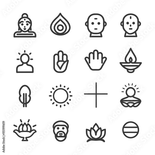 Collection Of 16 Line Icons Representing Buddhism And Meditation