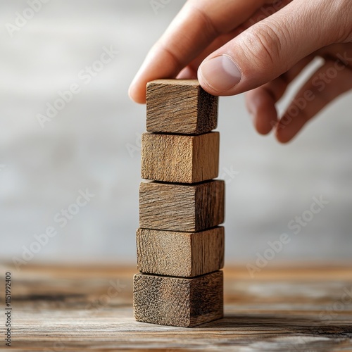 Close-up of a hand strategically stacking wooden blocks, symbolizing business growth and the process of success and development. photo