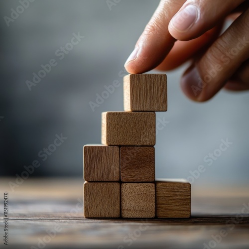 Close-up of a hand strategically stacking wooden blocks, symbolizing business growth and the process of success and development. photo