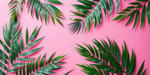 Tropical Green Palm Leaves Arranged in a Frame on a Pink Background