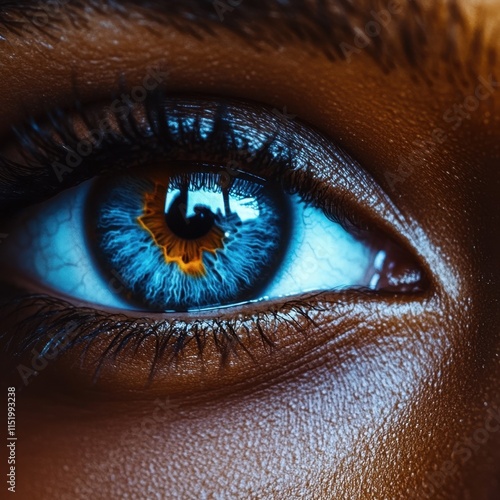 Close-up of diverse eyes showcasing a striking contrast between blue and brown irises, highlighting cultural diversity. photo